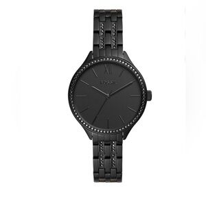 36mm Suitor, black satin dial, three-hand movement matching stainless bracelet.